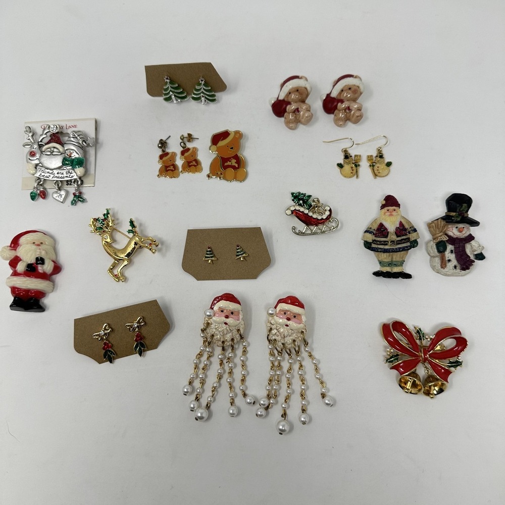 Christmas Holiday 15 Pc Jewelry Lot Brooch Pins Earrings Santa Snowman Reindeer‎